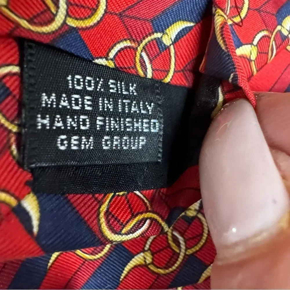 Vintage Paolo Gucci Red Navy Horse Bit Pattern Print Silk Made In Italy Tie